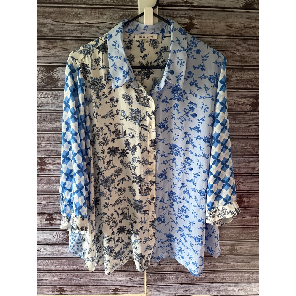 Rose + Olive Women's Long-Sleeved Button-Down Blouse Size 2X Blue White Bird